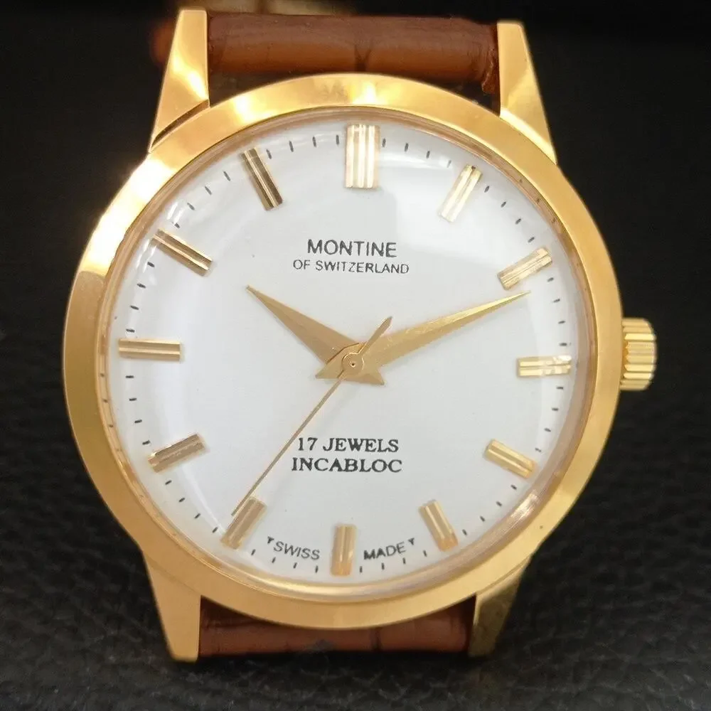 Vintage 1978 Montine Of Switzerland  Manual Mens Gold Watch W/Brown Strap